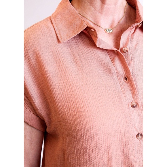 Women's Peach Color Airy Button Down Polo Cuff Sleeve Top - Picture 3 of 7